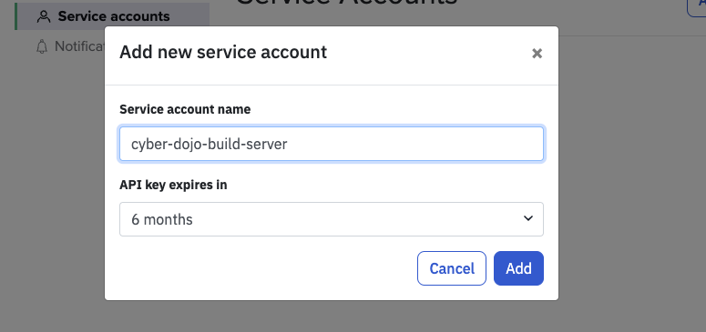 screenshot of Kosli UI of adding new service account