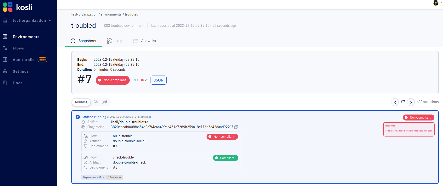 screenshot of Kosli app showing every flow an artifact has been reported to