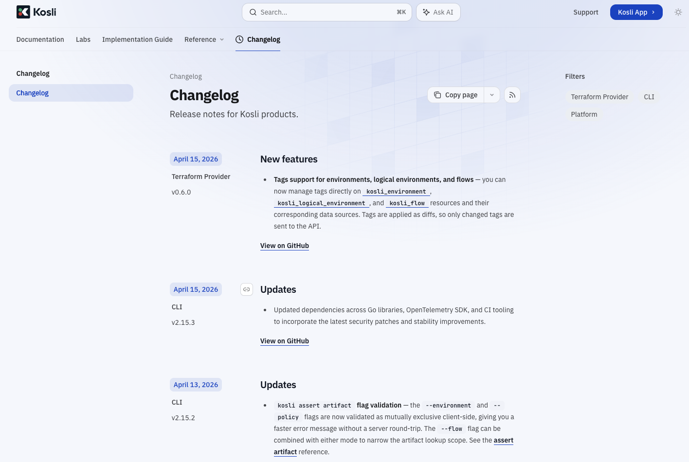 Changelog page on docs.kosli.com