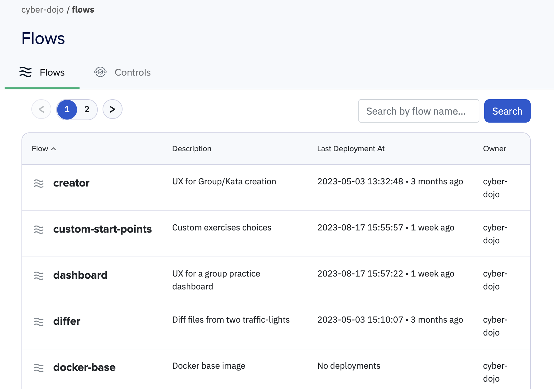 screenshot of flows UI on the Kosli app. Shows the option to search and filter flows