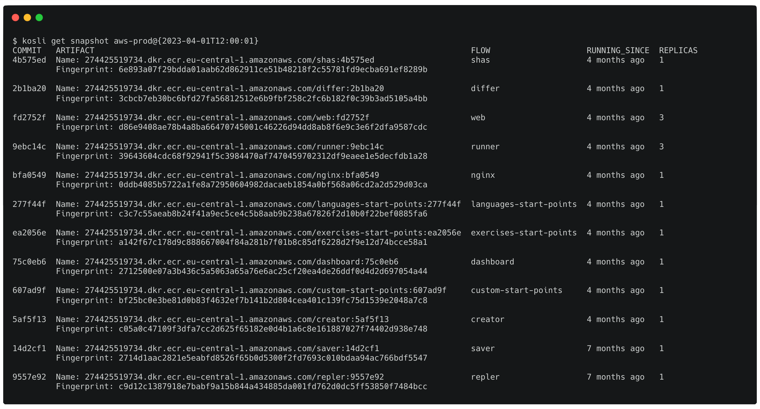 terminal window showing the results of the kosli get snapshots command