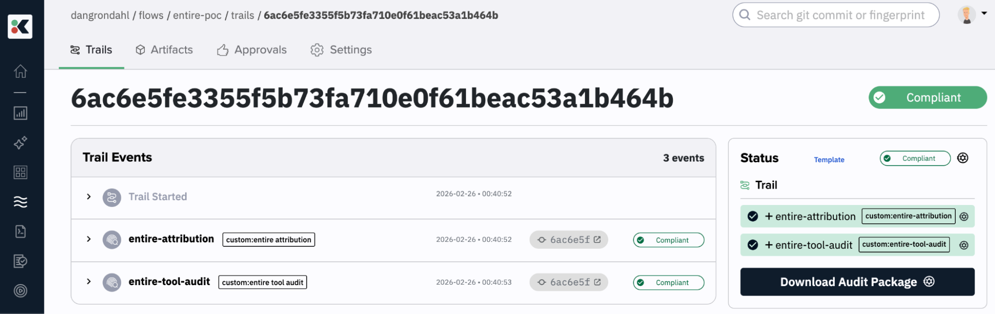 Kosli COMPLIANT trail with the two attestations