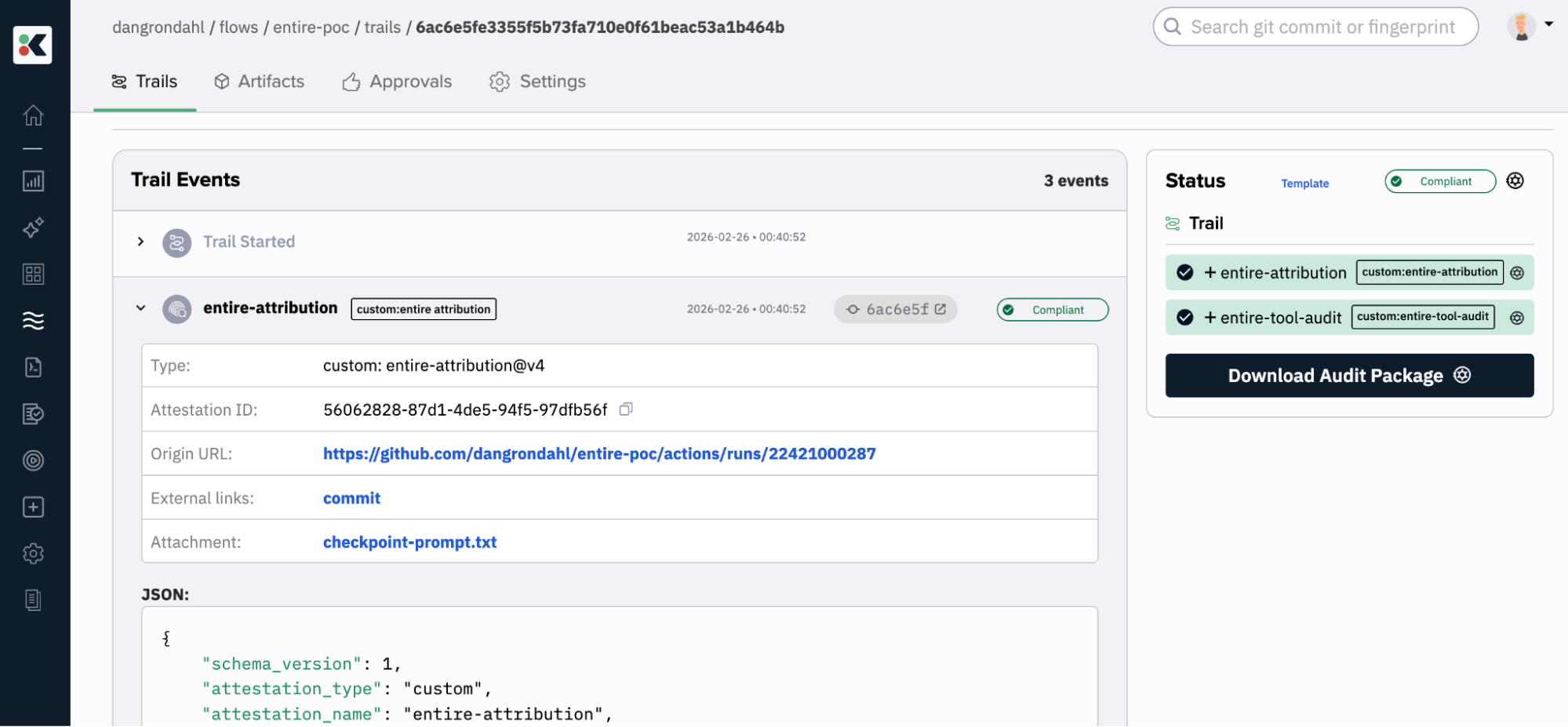 Kosli COMPLIANT trail with the two attestations - detail