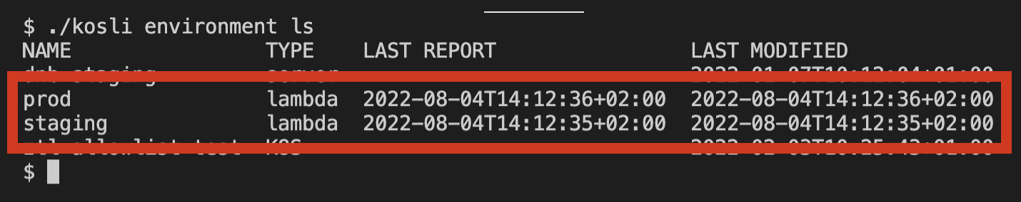 Kosli CLI environments list