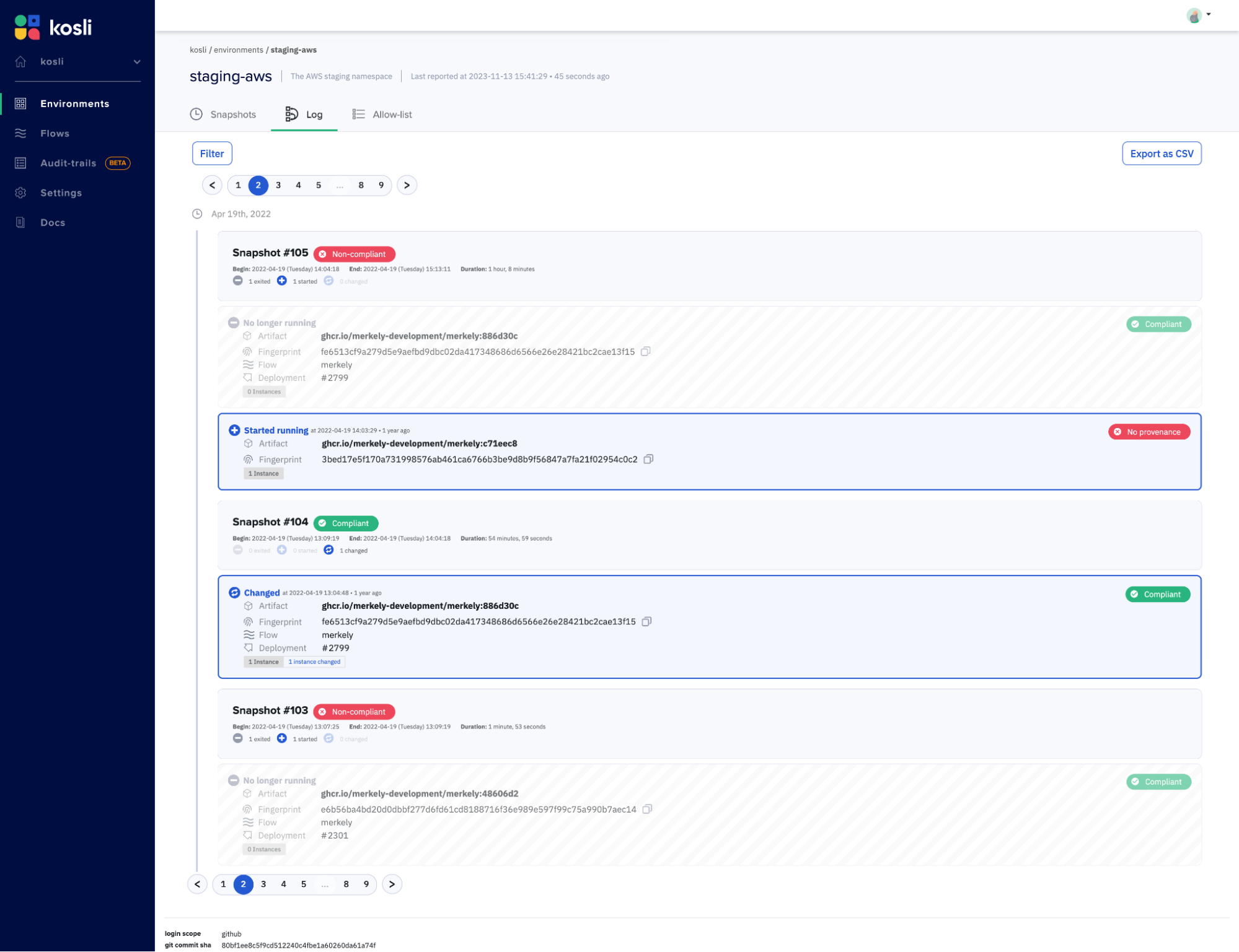 Kosli Log, Timeline of chnages