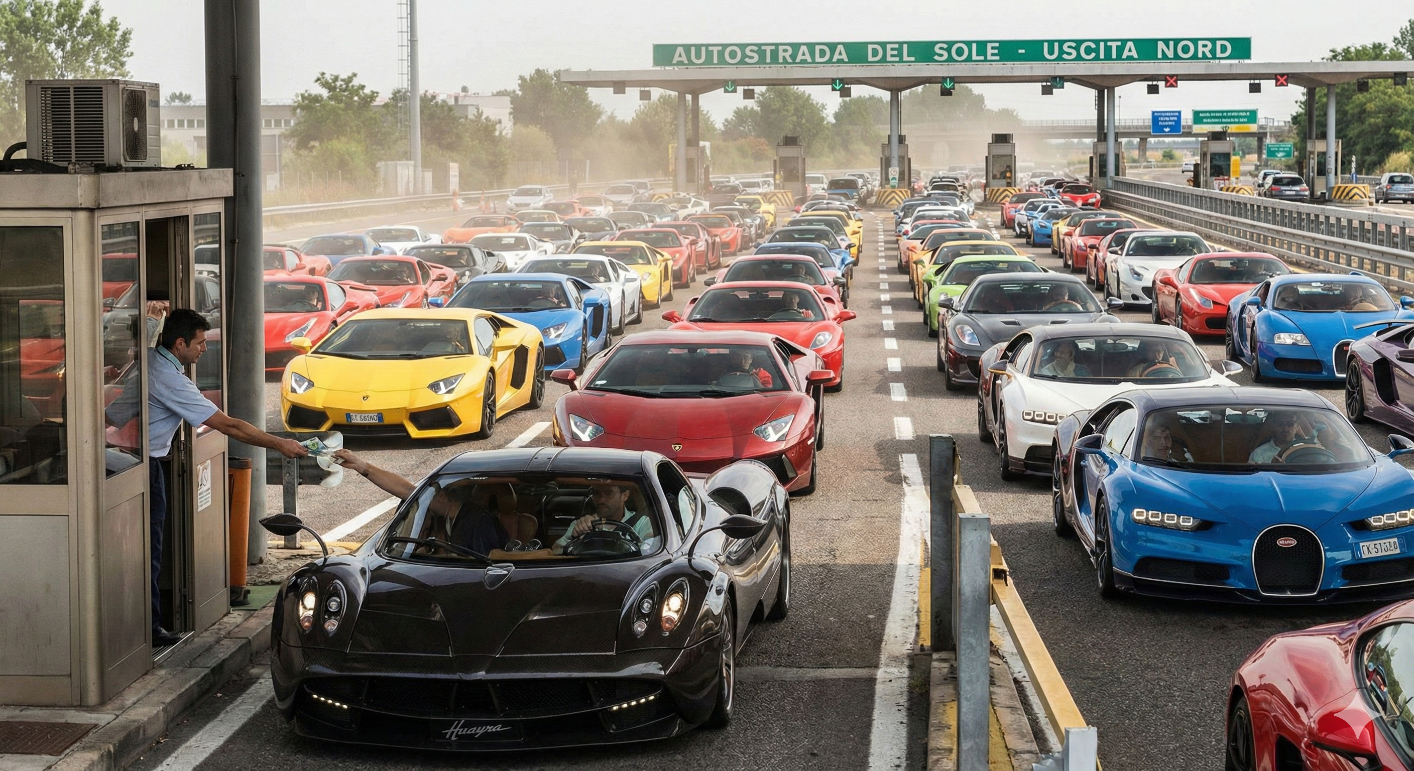 Supercars lining up at a toll both