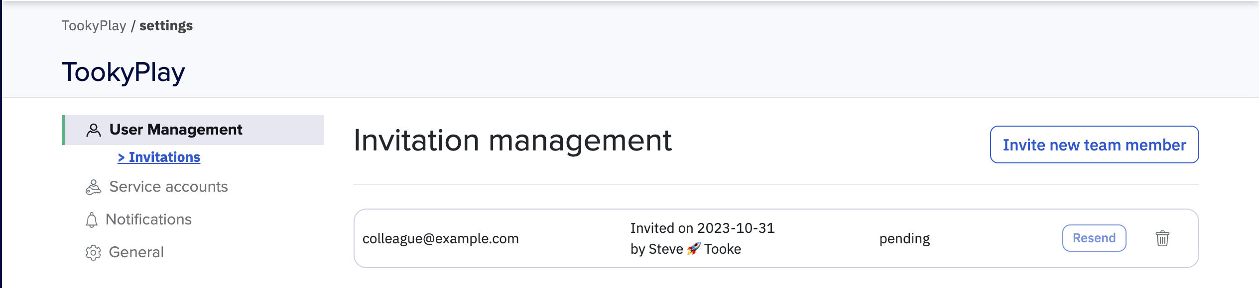 example of invitation management page on Kosli app