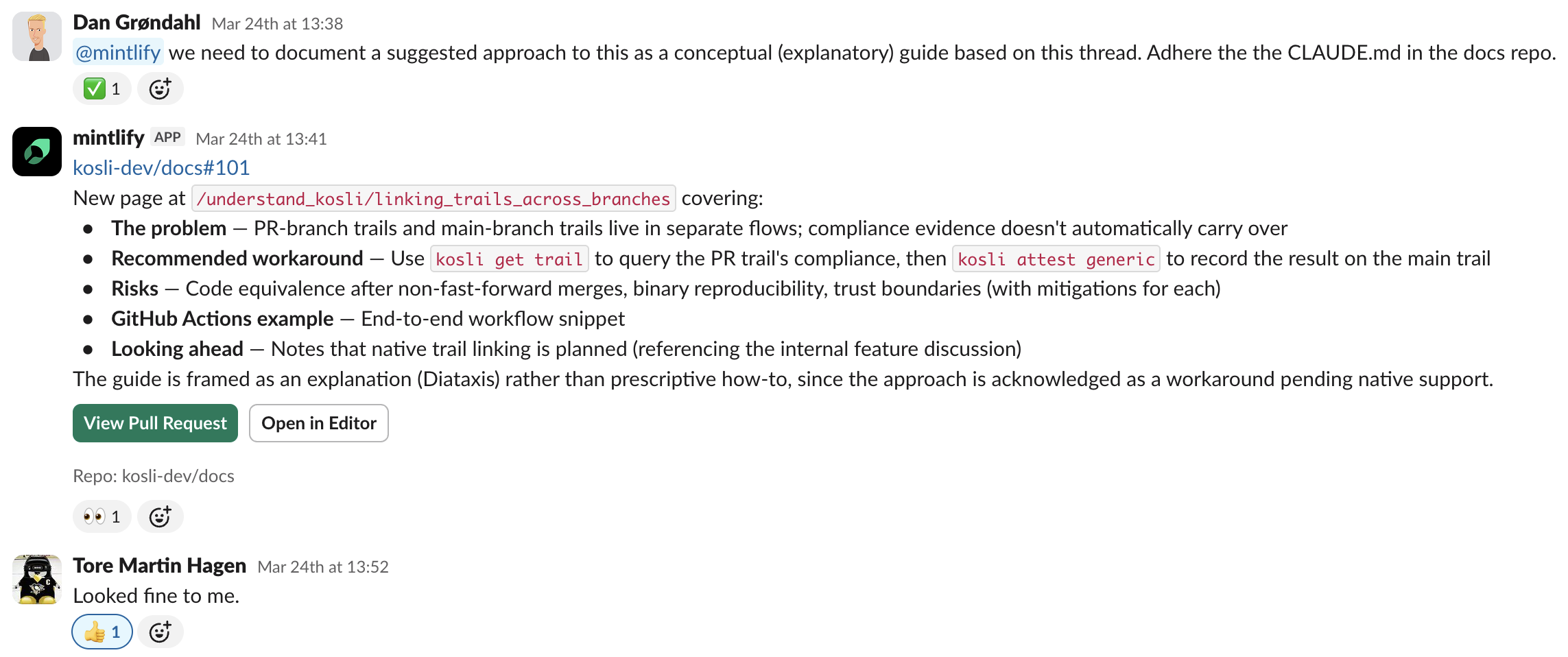 Mintlify Slack integration turning a conversation into a doc change