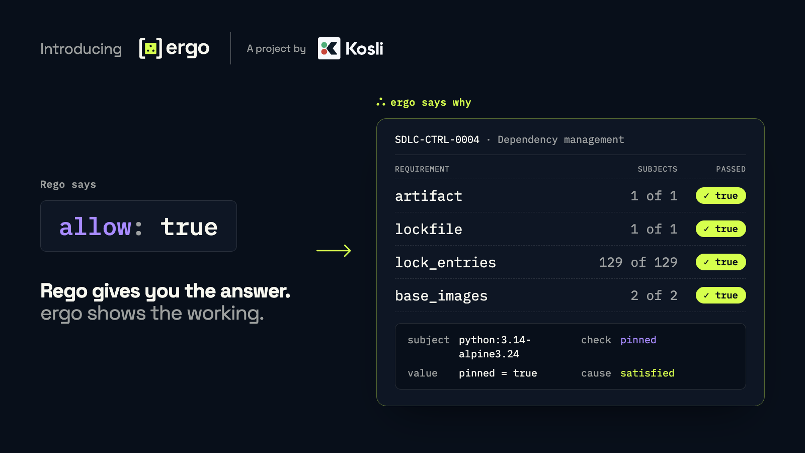 A Rego result reading allow: true beside an Ergo report listing each requirement checked
