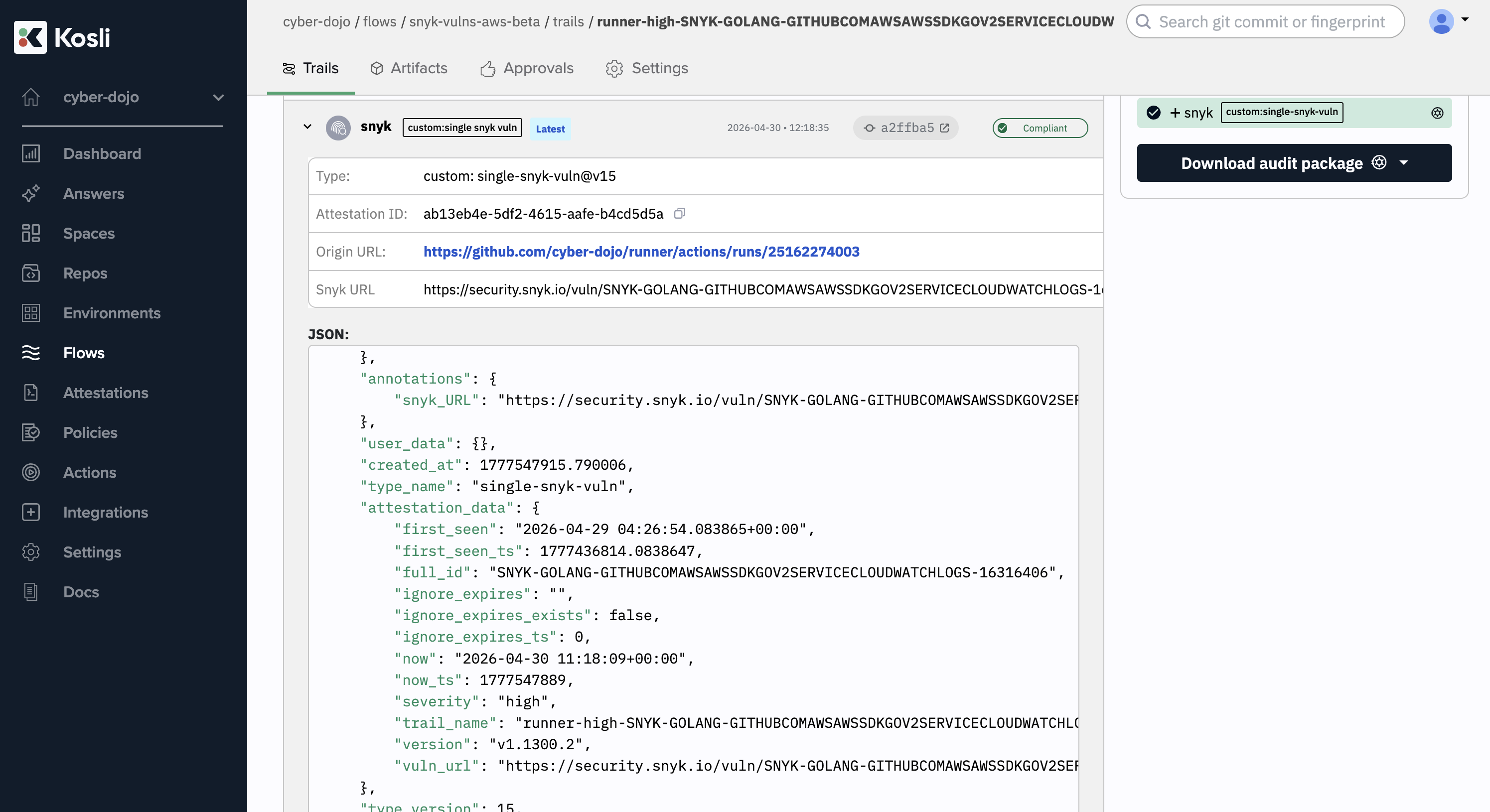 Per-vulnerability trail runner-high-SNYK-GOLANG-GITHUBCOMAWSAWSSDKGOV2SERVICECLOUDWATCHLOGS-16316406 in snyk-aws-beta-per-vuln