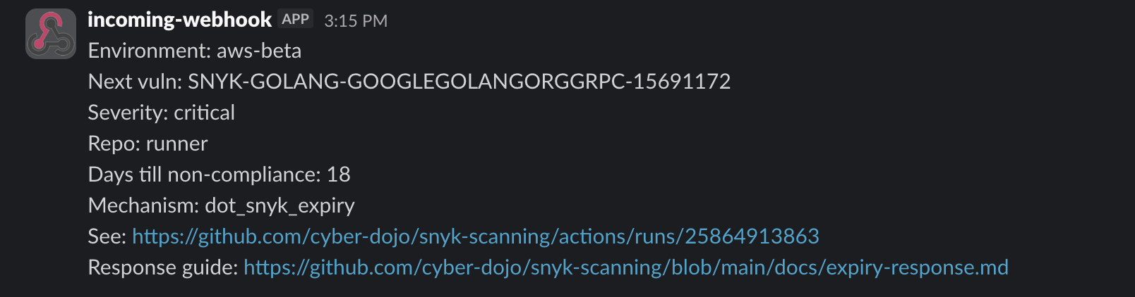 slack message showing when next vulnerability will cause non-compliance