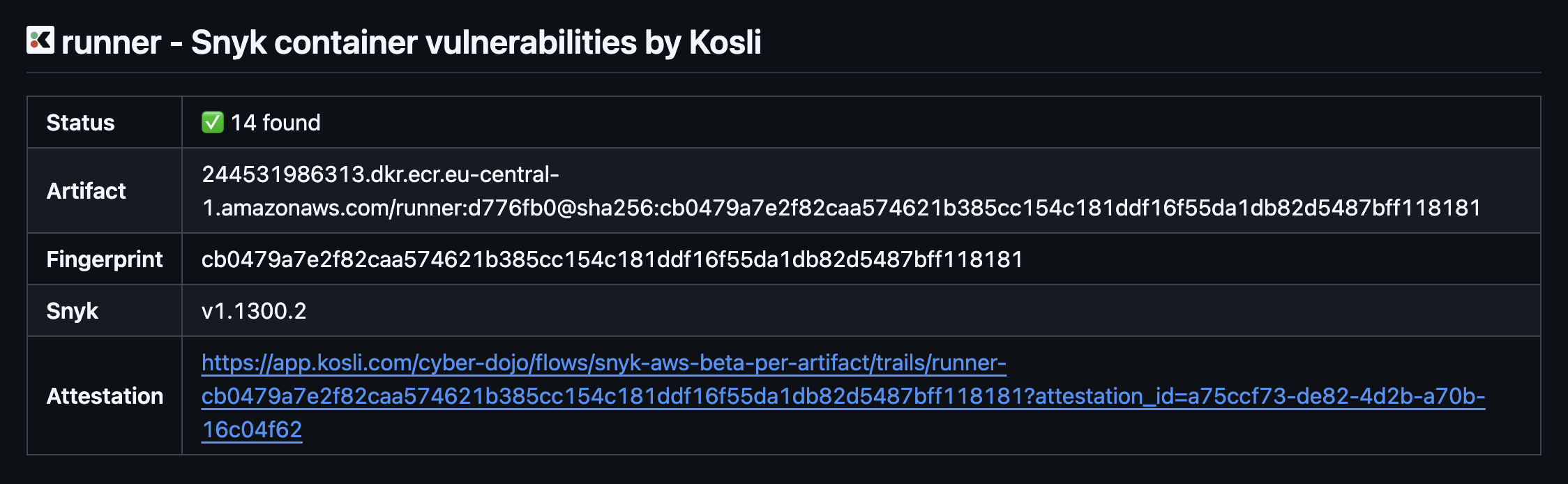 Github workflow log summary showing snyk vulnerabilities per artifact