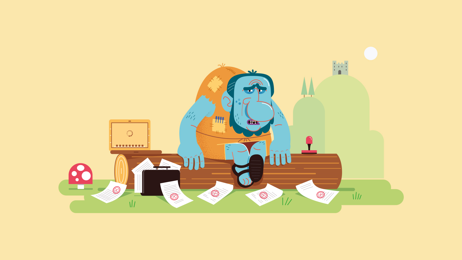 a troll sitting on a lodge with papers around them