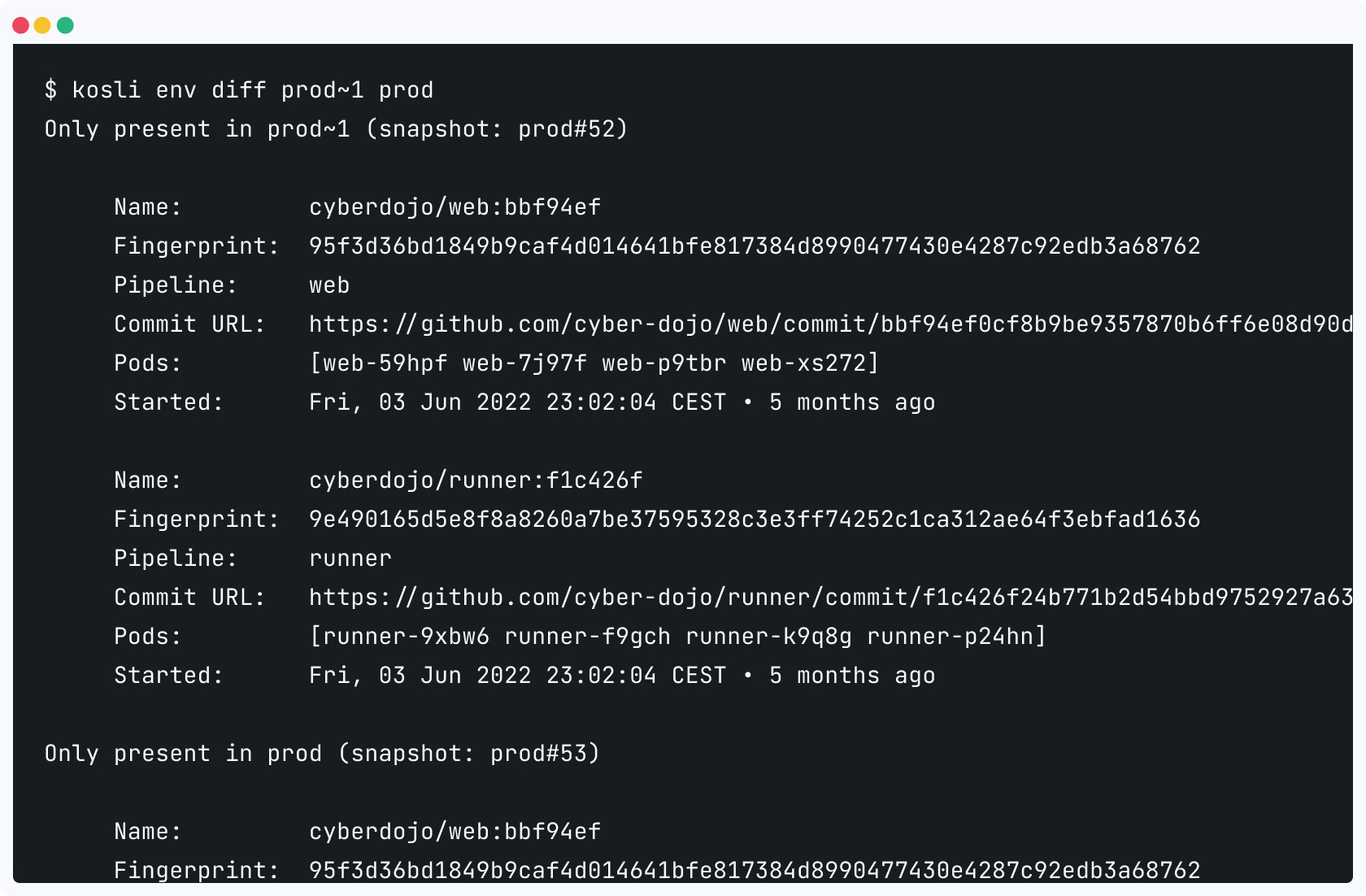 Kosli environment snapshot