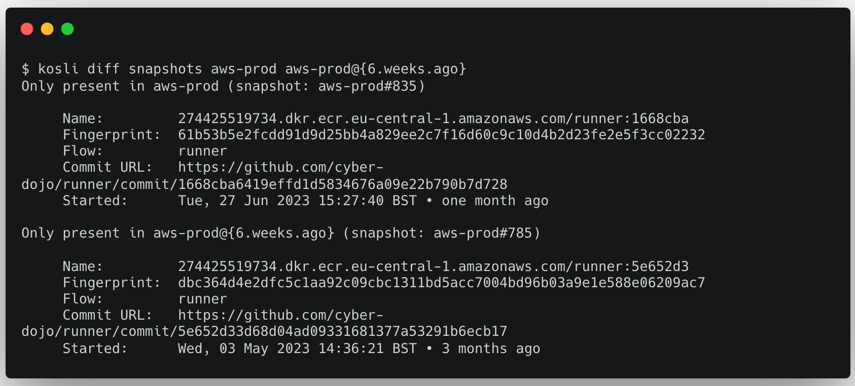 terminal window showing the results of the kosli diff snapshots command