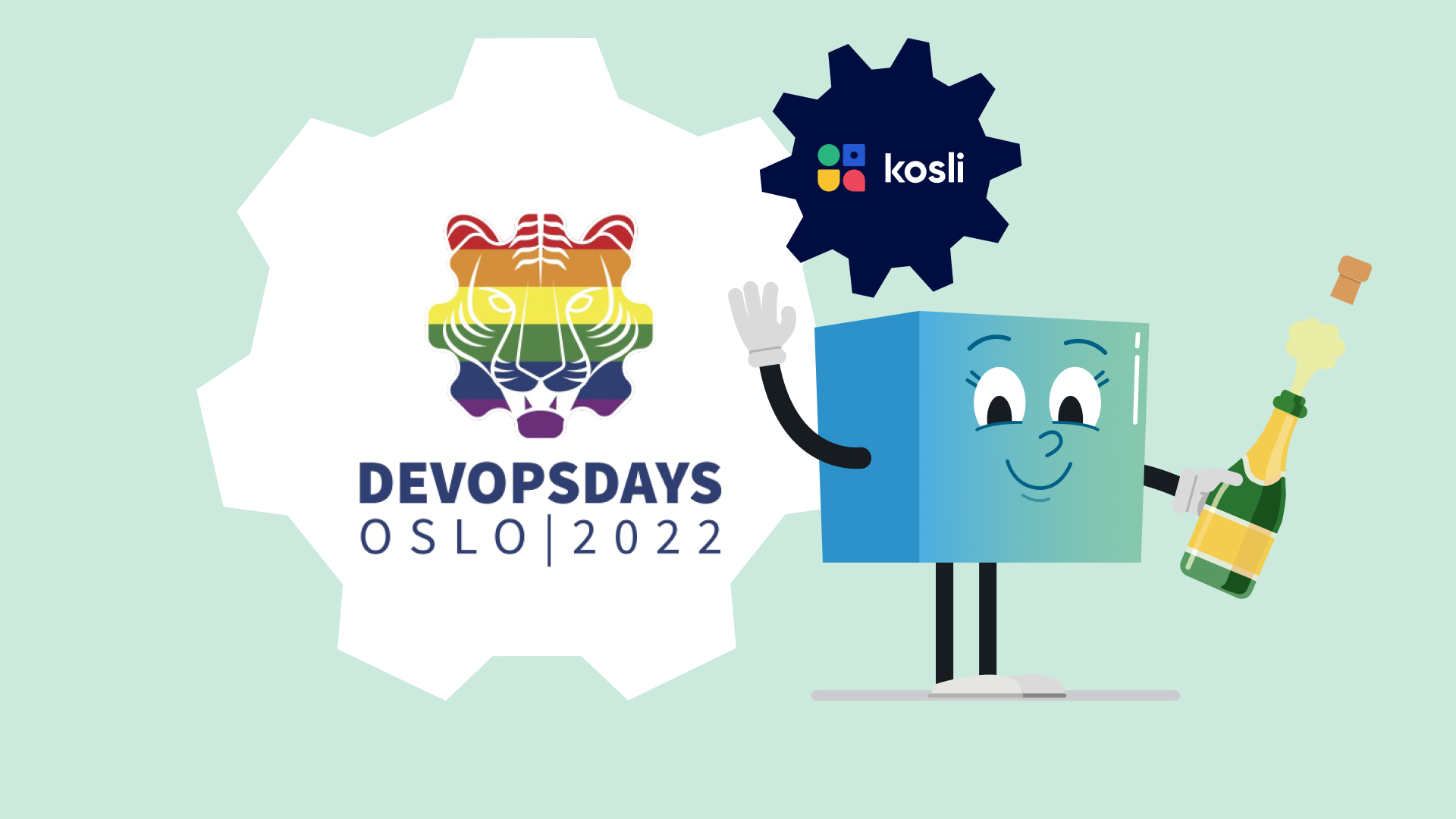 DevOpsDays Oslo and Kosli logo - with Mascot Arti Spraying champagne 