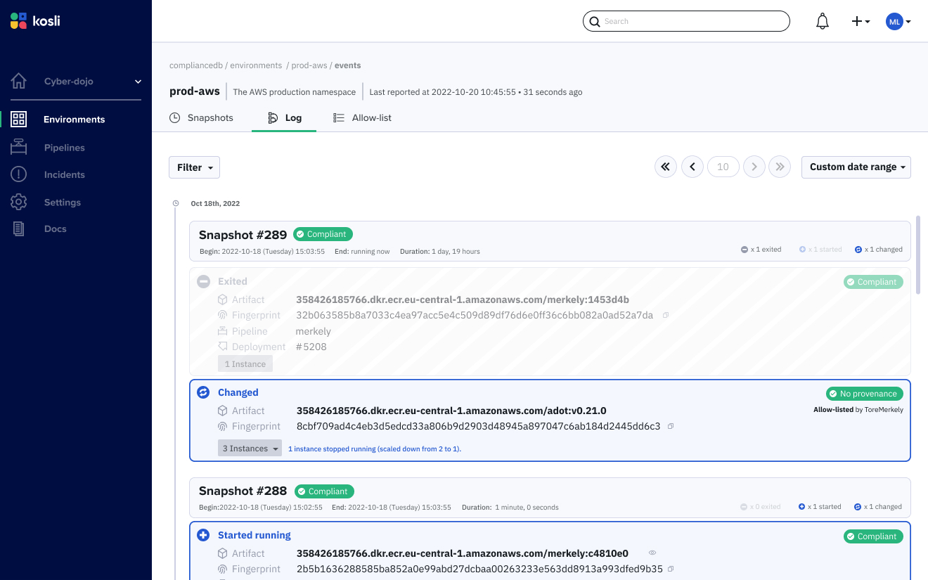 Kosli web app diff staging and production