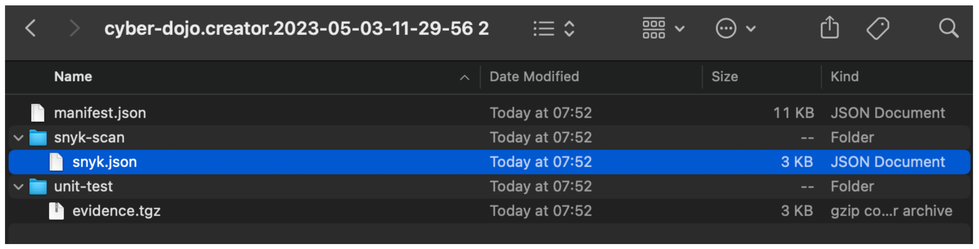 A screenshot of an exproted evidence folder from Kosli to show a provable chain of custody