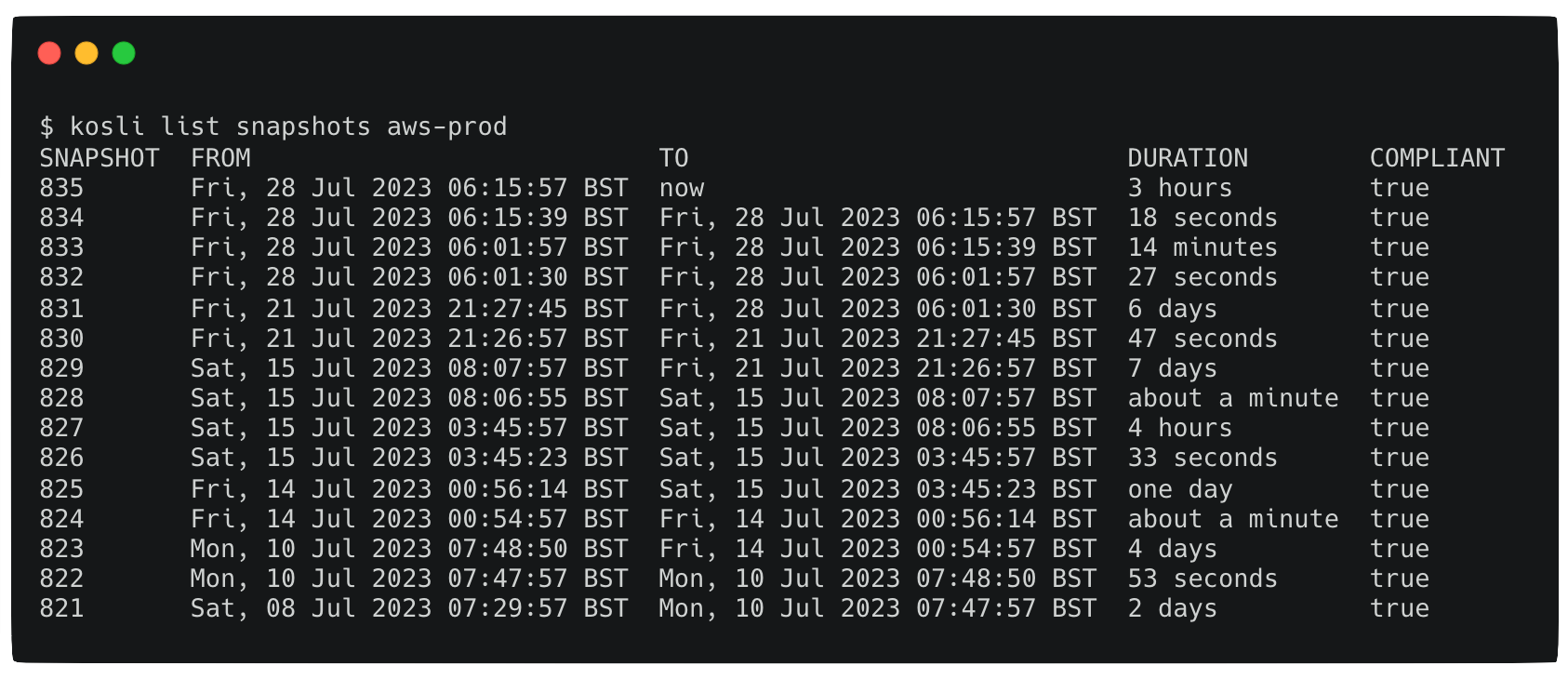 terminal window showing the results of the kosli list snapshots command