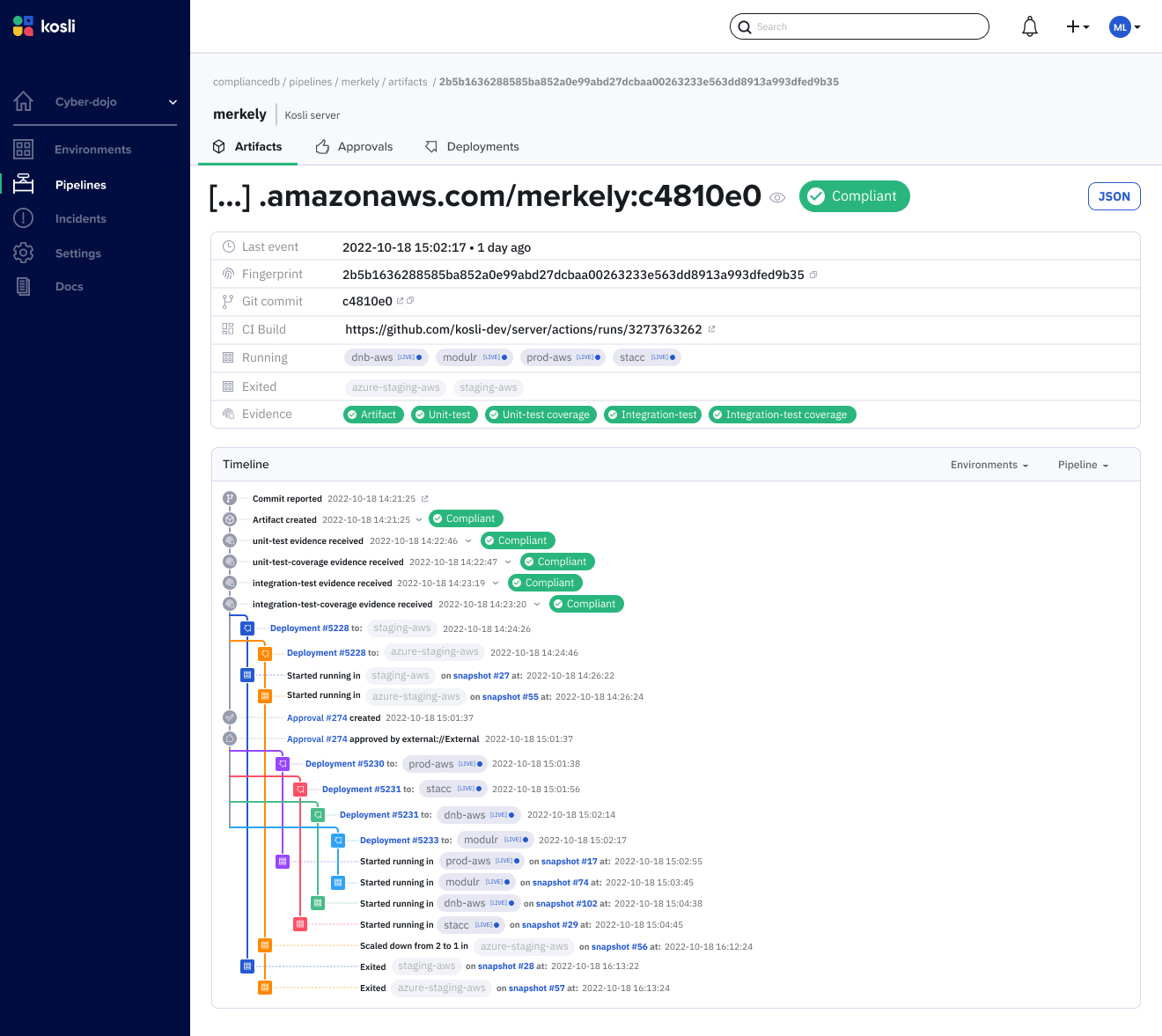 Kosli web app pipeline evidence