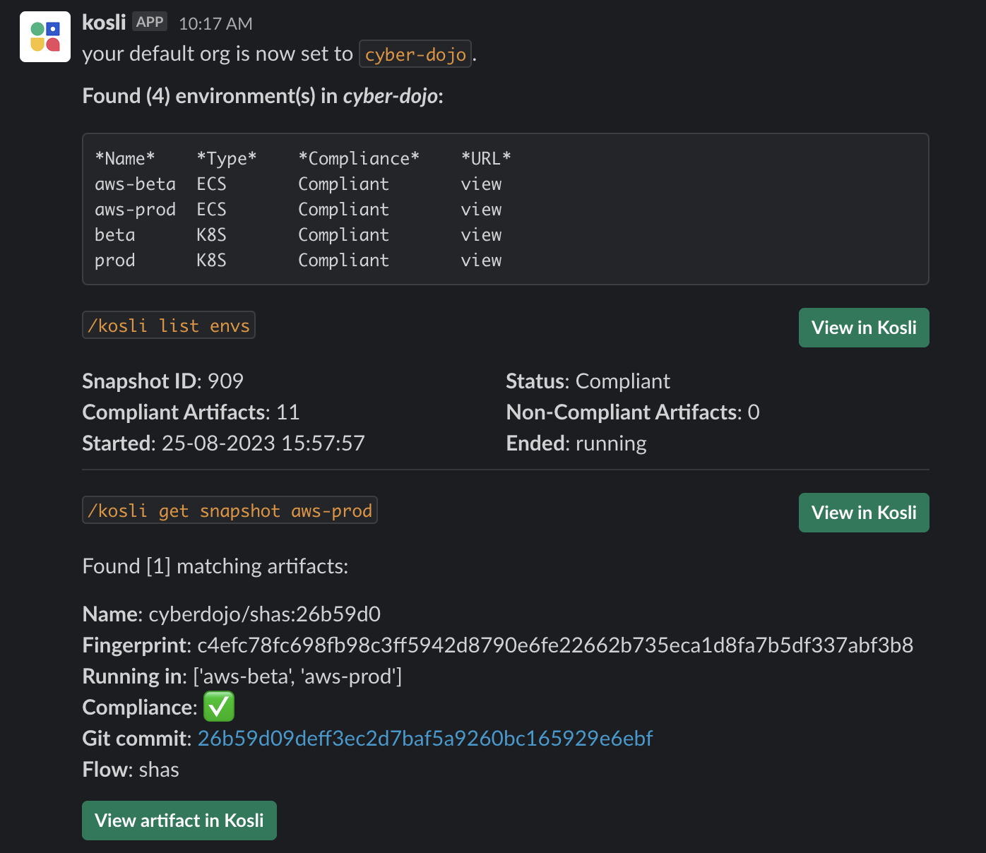 screenshot of the Kosli slack app. List of existing environments