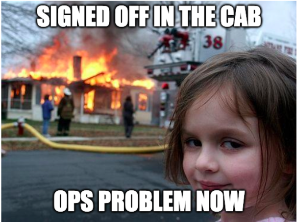 signed off in the cab ops problem now meme Kosli