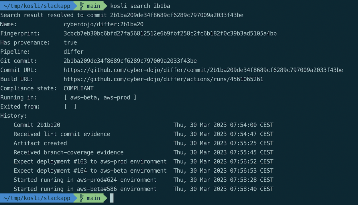 Query the history of an artifact by looking up the commit sha in Kosli