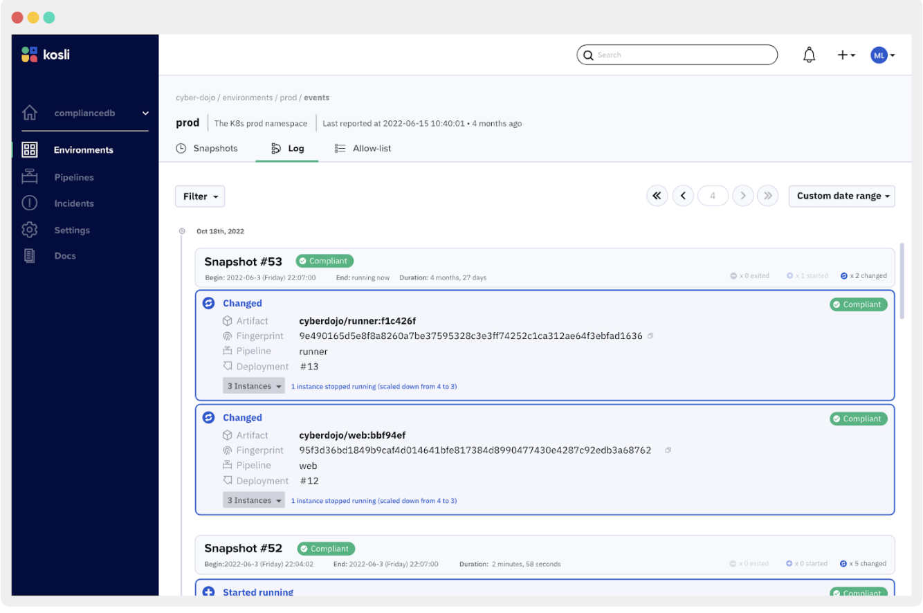 Environment snapshot in Kosli showing SHA256 digests