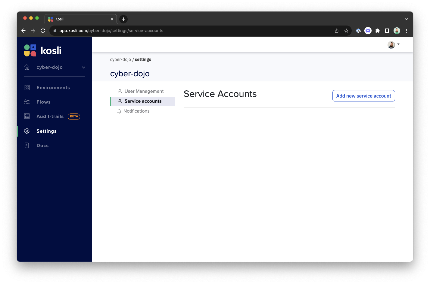 screenshot of kosli UI of Service Accounts page