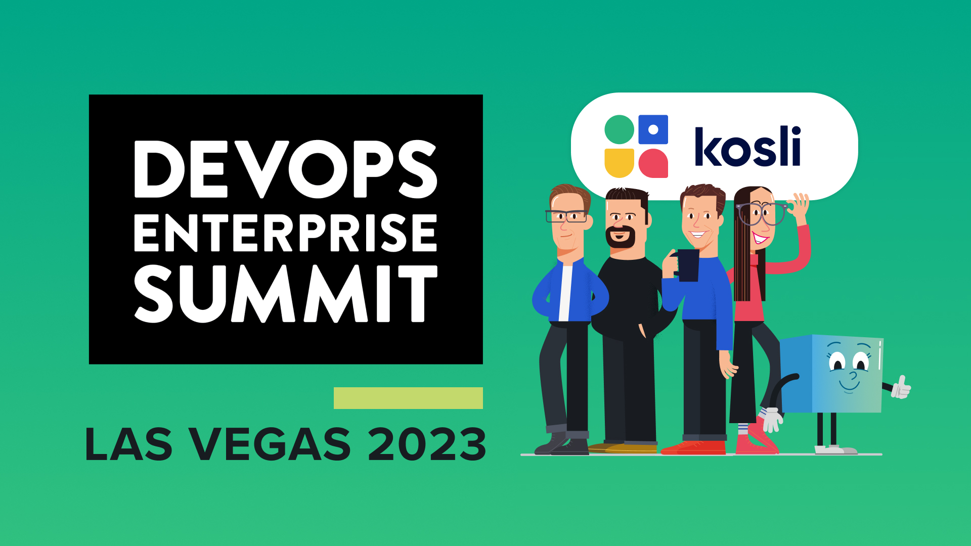 green background with devops enterprise summit logo and 4 people on the right side ont he image with the Kosli logo above their heads