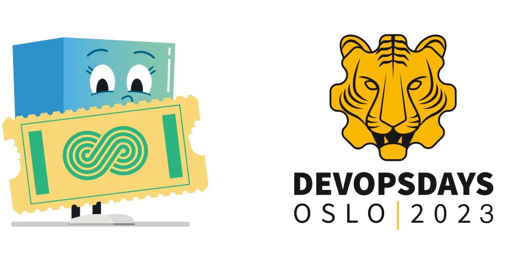 arti holding a yellow ticket with the devops loop on it and the devopsdays oslo logo ont he right side with the lions head