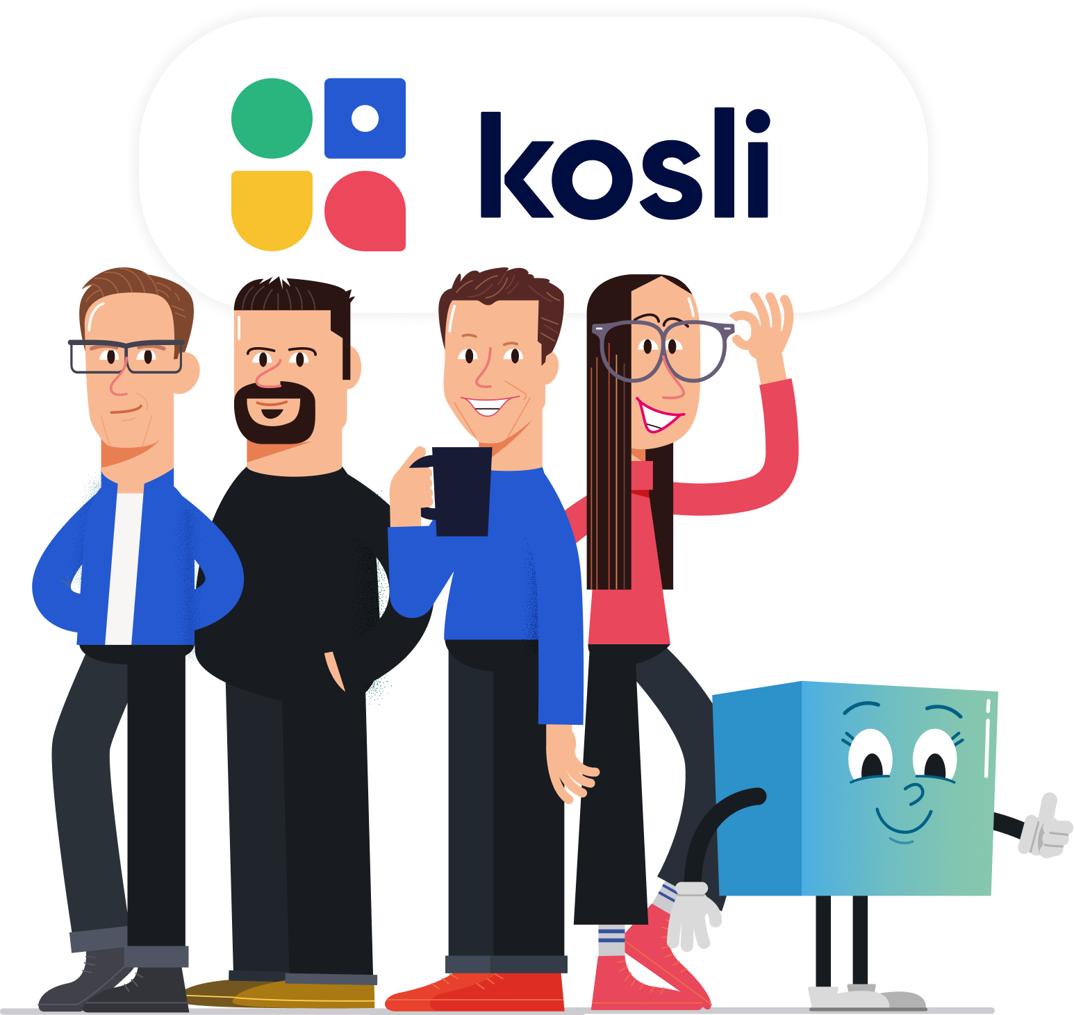 kosli team members with arti and the Kosli logo